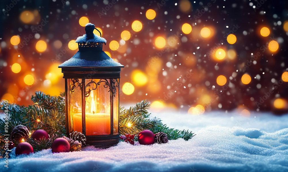 Christmas Lantern with Fir Branch and Ornaments on Snowy Surface, Warm Bokeh Lights Background Christmas Lantern with Fir Branch and Ornaments on Snowy Surface, Warm Bokeh Lights Background
