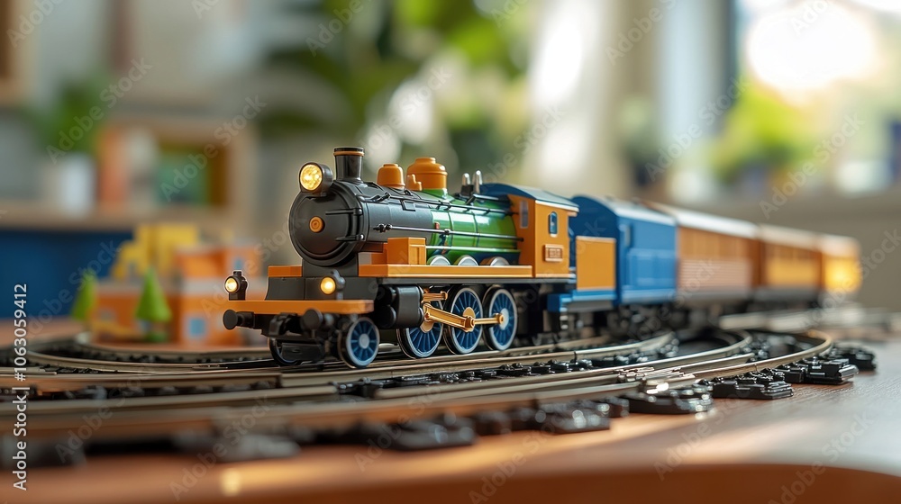 A colorful toy train set on a wooden table with a blurred background. A colorful toy train set on a wooden table with a blurred background.