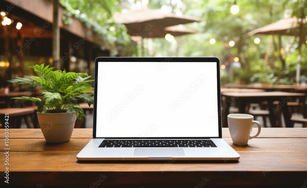 Wooden table with laptop white screen and a cup of coffee, complemented by a vibrant potted plant blurred background. High quality photo Wooden table with laptop white screen and a cup of coffee, complemented by a vibrant potted plant blurred background. High quality photo