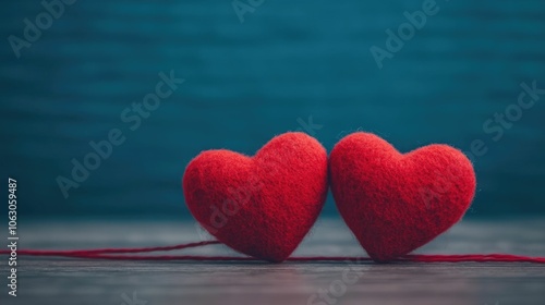 Two hearts symbolically joined by a delicate string representing the deep unbreakable bond and emotional connection between two souls  This abstract