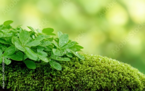 Lush green moss with small leaves, glistening with droplets, set against a blurred, vibrant green background, creating a serene natural atmosphere.