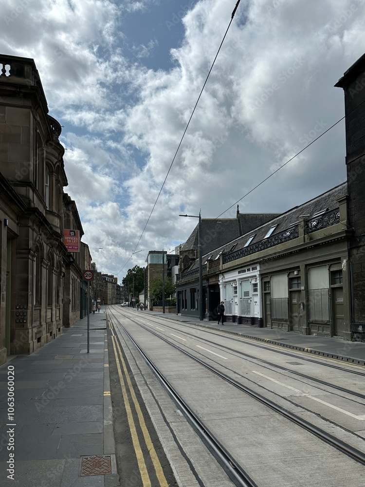 Constitution Street with the tram tracks in the Leith, City of Edinburgh, Scotland, United Kingdom, August 2023