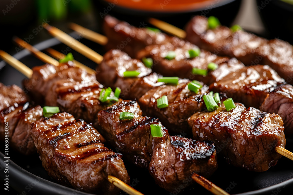 Grilled meat skewers with caramelized glaze and green onions on black plate, Asian cuisine close-up Grilled meat skewers with caramelized glaze and green onions on black plate, Asian cuisine close-up