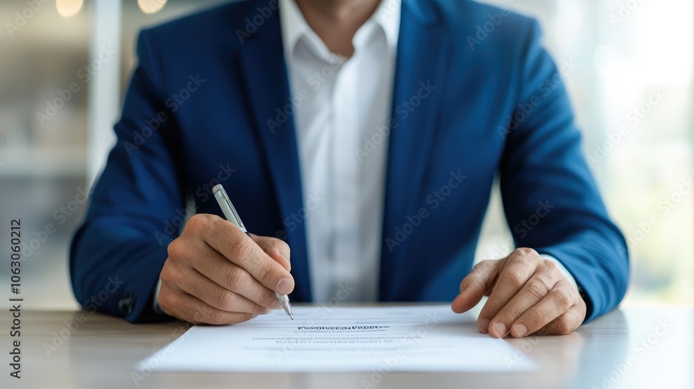 Business professional signs important document to finalize agreement in modern office setting Business professional signs important document to finalize agreement in modern office setting