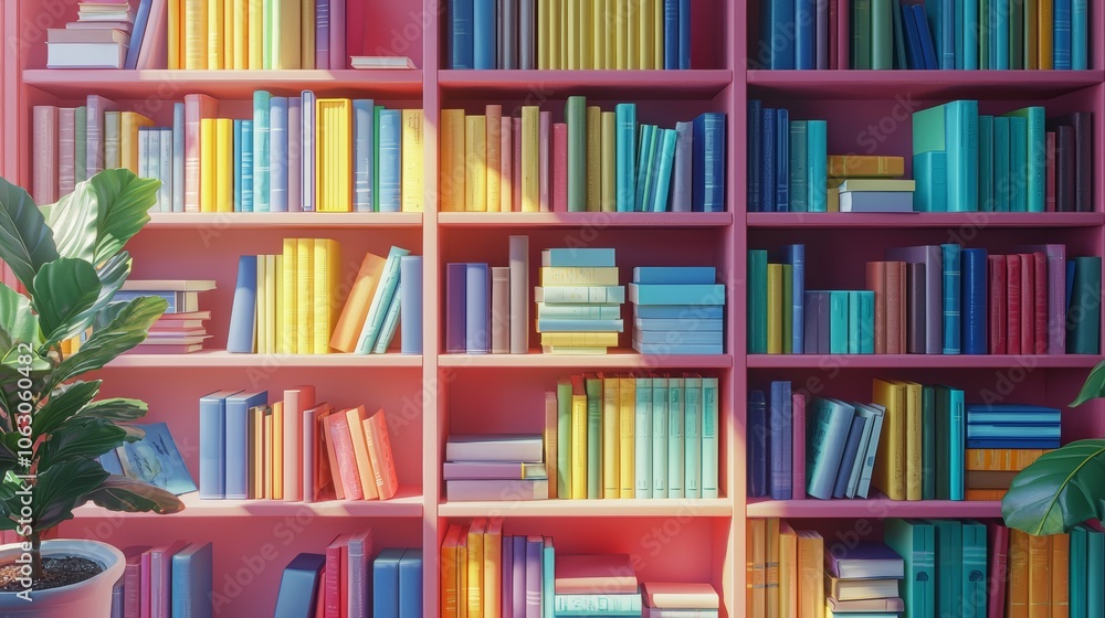 Fototapeta premium Colorful Bookshelf with Books and Plant Interior Design