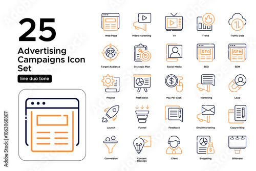 Advertising Campaign Line Duo Tone Icon Set: Media Outreach, Campaign Results, and Marketing Focus Icons