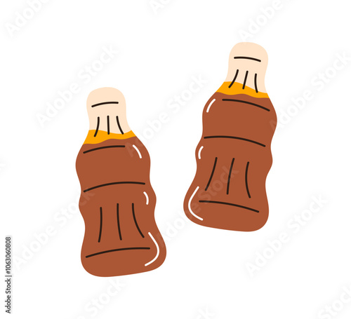Gummies, soda bottle candies. Chewy jelly sweets, beverage shaped. Sugar snack, bite, dessert. Soft sugary treat, gum marmalade, confection. Flat vector illustration isolated on white background