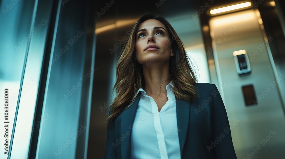 Obraz premium A woman in a black blazer and white shirt stands in an elevator, looking thoughtfully at something off-camera.