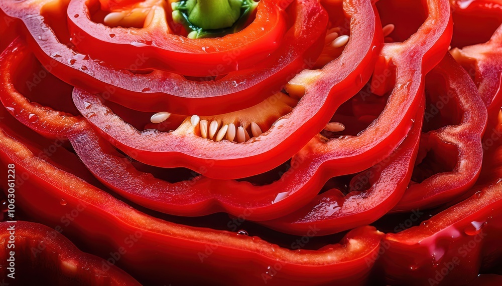 Close-up of fresh red bell pepper slices with seeds, showcasing vibrant texture and juicy details, perfect for food industry, culinary websites, nutrition concepts, and healthy eating visuals Close-up of fresh red bell pepper slices with seeds, showcasing vibrant texture and juicy details, perfect for food industry, culinary websites, nutrition concepts, and healthy eating visuals