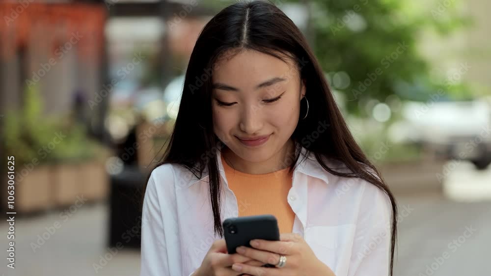 Smiling asian woman walks down the street and uses her phone. Social networks, being online, browsing the internet. Smiling asian woman walks down the street and uses her phone. Social networks, being online, browsing the internet.