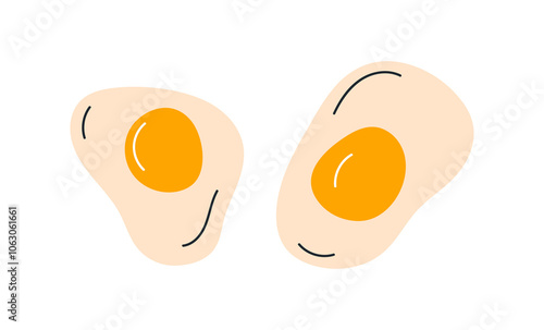 Fried eggs shaped, gummy candies. Yolk and protein food, jelly sweets, top view. Chewy confectionery for breakfast. Soft sugar gum snack. Flat vector illustration isolated on white background