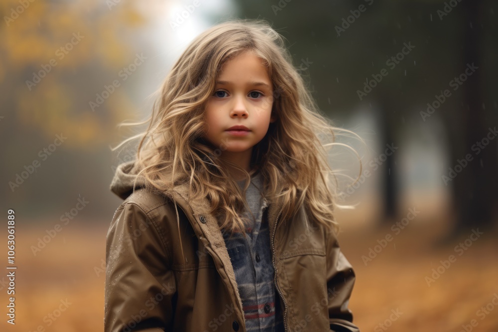 Portrait of a little girl in the autumn forest. Rainy day. Portrait of a little girl in the autumn forest. Rainy day.