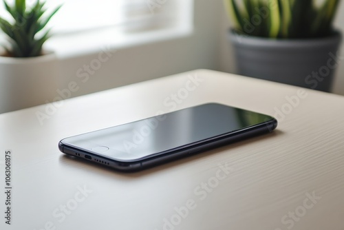 An elegant black smartphone lies flat on a light wooden desk, contrasting with the natural elements of potted plants beside and harmonizing technology with nature. photo