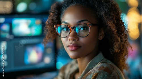 Portrait of beautiful strong woman looking at technological monitors in video editing service