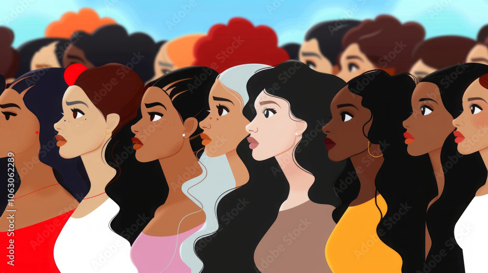Diverse women standing together in unity against blue sky. International woman day concept Diverse women standing together in unity against blue sky. International woman day concept