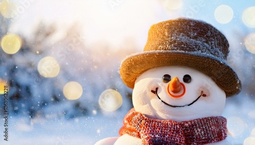 Winter holiday christmas background banner - Closeup of cute funny laughing snowman with wool hat and scarf, on snowy snow snowscape with bokeh lights, illuminated by the sun (Generative Ai)