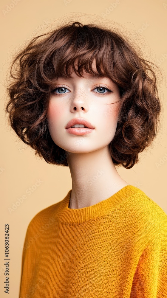A woman with a short, curly brown bob and a yellow shirt A woman with a short, curly brown bob and a yellow shirt