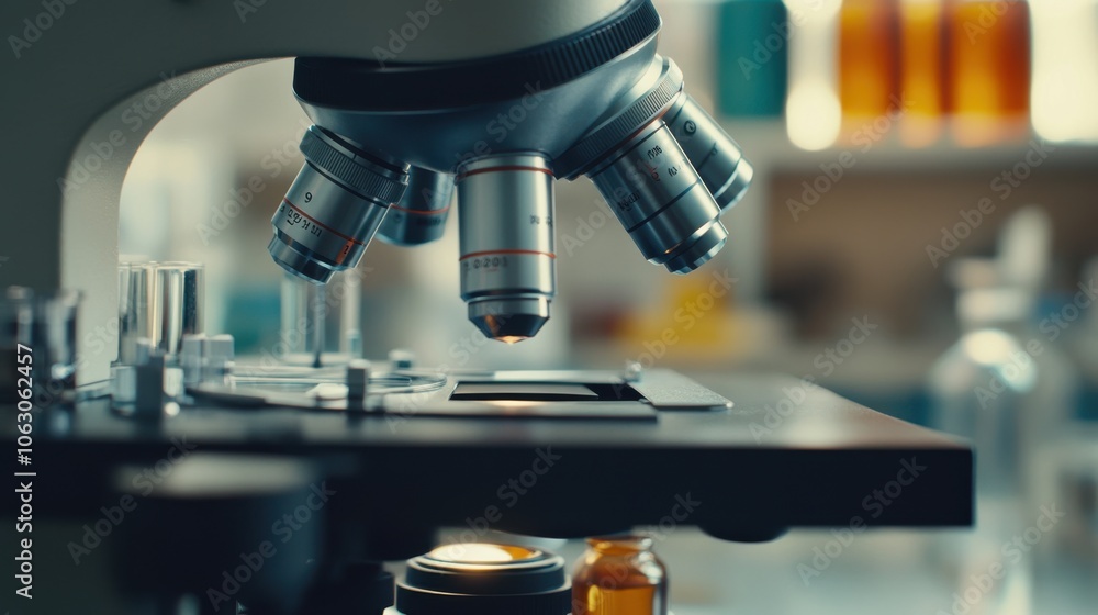 A detailed shot of a microscope lens and lab equipment, A detailed shot of a microscope lens and lab equipment,