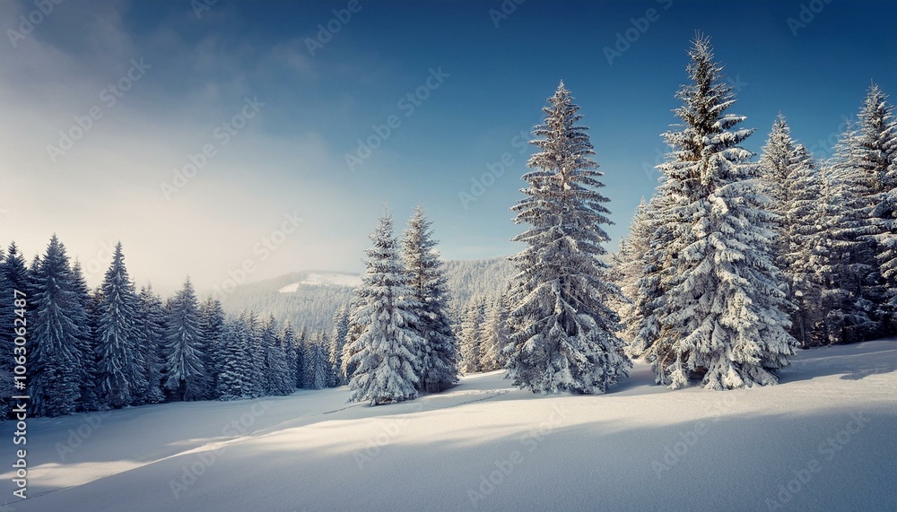 Winter landscape with snow and fir trees as vintage christmas wallpaper Winter landscape with snow and fir trees as vintage christmas wallpaper