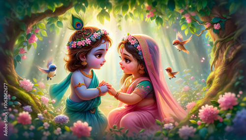 little Krishna and Radha holding hands in the forest among the birds