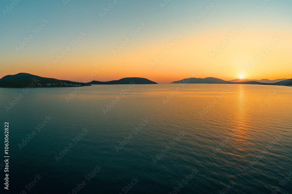 A tranquil ocean view at sunset showcasing calm waters and distant island silhouettes, creating a serene and peaceful ambiance with soft gradient sky hues. A tranquil ocean view at sunset showcasing calm waters and distant island silhouettes, creating a serene and peaceful ambiance with soft gradient sky hues.