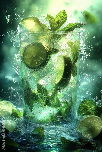 Refreshing mojito in clear glass, with ice cubes and lime slice. photo