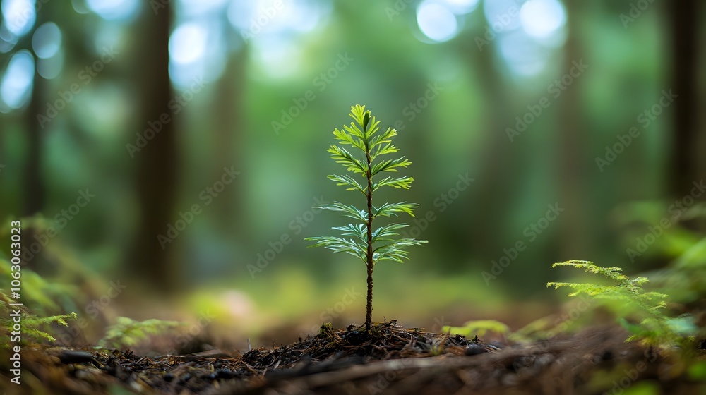 New sapling growing in a forest, symbolizing renewal and growth New sapling growing in a forest, symbolizing renewal and growth