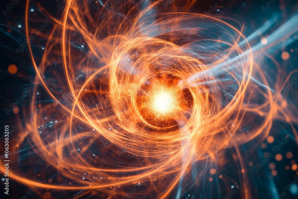 Fototapeta premium This image captures a dynamic swirling energy, featuring vibrant orange and blue hues that create a sense of motion, power, and cosmic intensity.