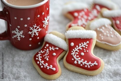 A collection of Christmas cookies shaped like stockings and adorned with snowflake patterns is paired with a red mug, creating a cozy seasonal atmosphere. photo