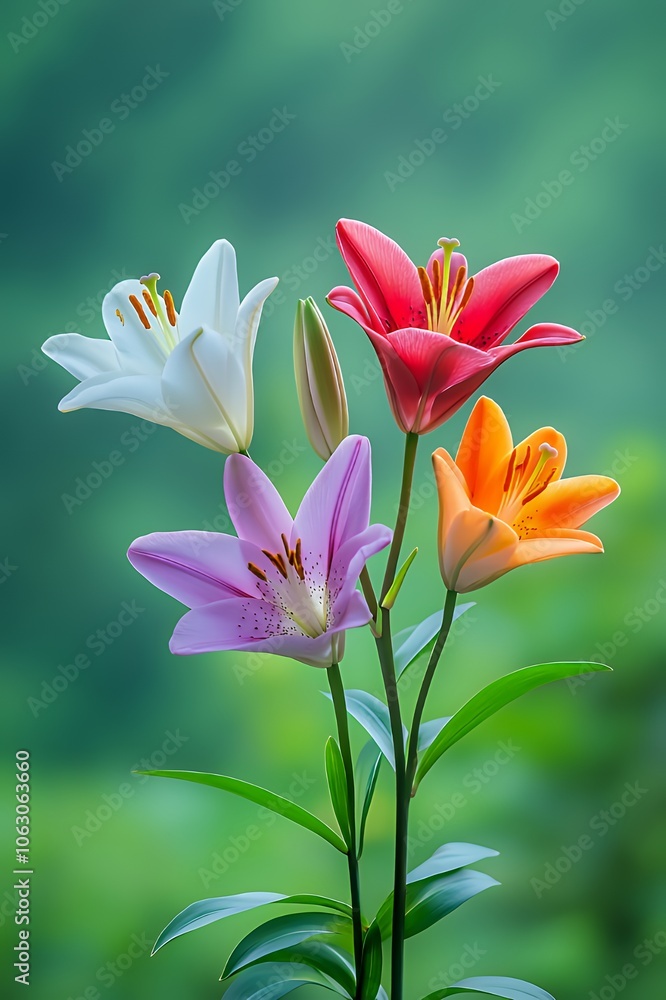 Four colorful lilies with green background. Four colorful lilies with green background.