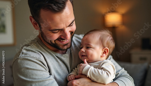 Celebrating Father's Day with a joyful moment between dad and baby in a cozy living room