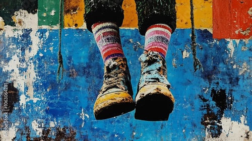 Colorful striped socks and worn out boots against vibrant urban wall