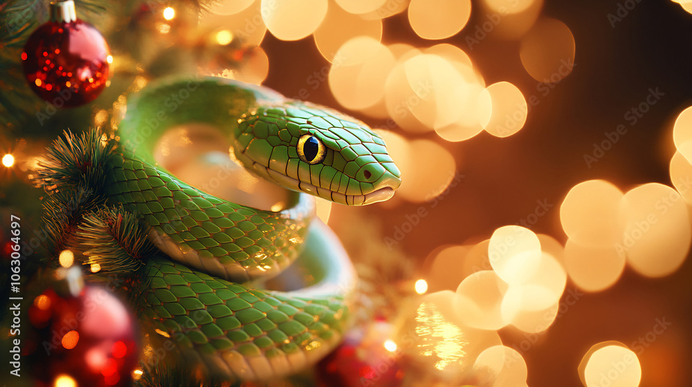 Fototapeta premium A vibrant green snake coiling among colorful holiday decorations on a Christmas tree at night