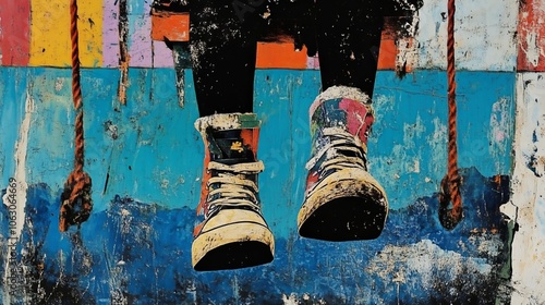 Colorful sneakers on swing against textured wall art