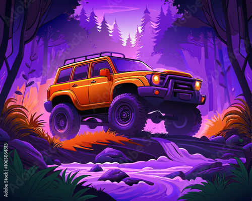 offroad car and forest, bold negative color illustration style