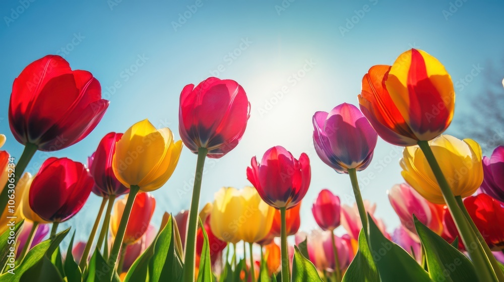 A dreamy perspective of tulips in a rainbow of colors, A dreamy perspective of tulips in a rainbow of colors,