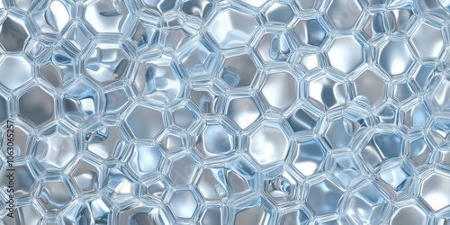 This picture shows a repeating pattern of shiny, hexagonal shapes that look like a modern, futuristic puzzle. It would be perfect for backgrounds or graphics.