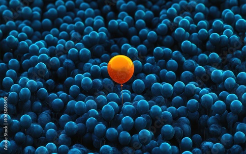 Design a compelling 3D rendering that showcases an orange balloon contrasting against a sea of blue balloons on a dark backdrop.  photo