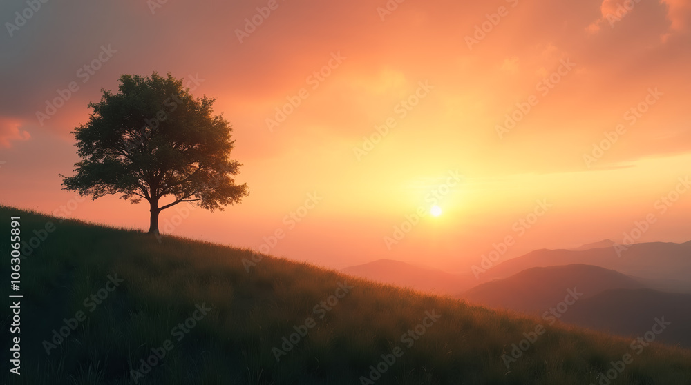 Lonely tree standing on a hill at sunset with orange sky Lonely tree standing on a hill at sunset with orange sky