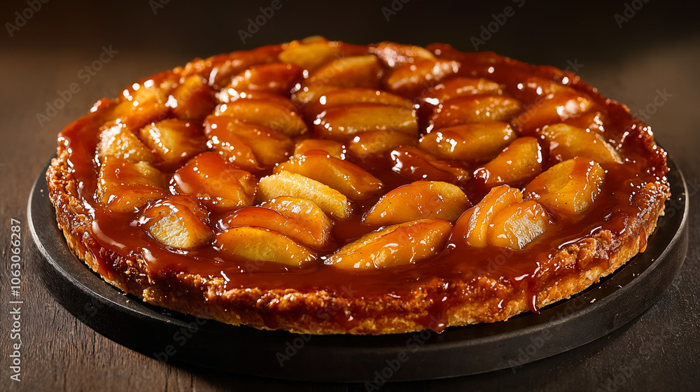 Delicious apple pie with caramel topping resting on wooden table Delicious apple pie with caramel topping resting on wooden table