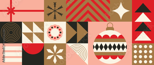 Merry Christmas and happy new year pattern background vector. Decorative elements of christmas tree, snowflake, bauble ball, gift. Design for banner, holidays cover, poster, wallpaper, packaging, ads.