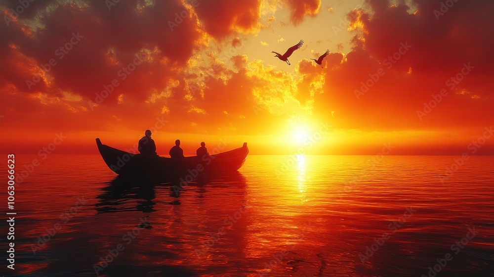 Silhouette of people in a boat at sunset with birds flying. Silhouette of people in a boat at sunset with birds flying.