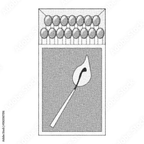 Trendy Halftone Stipplism effect matchbox isolated white background. Stippling effect photocopy grunge dotted match box. Vector illustration. EPS 10