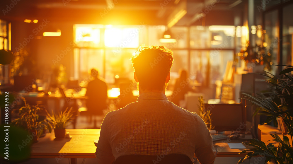 A person sits at a desk and enjoys the sunset illuminating a modern office filled with greenery and coworkers engaged in work A person sits at a desk and enjoys the sunset illuminating a modern office filled with greenery and coworkers engaged in work