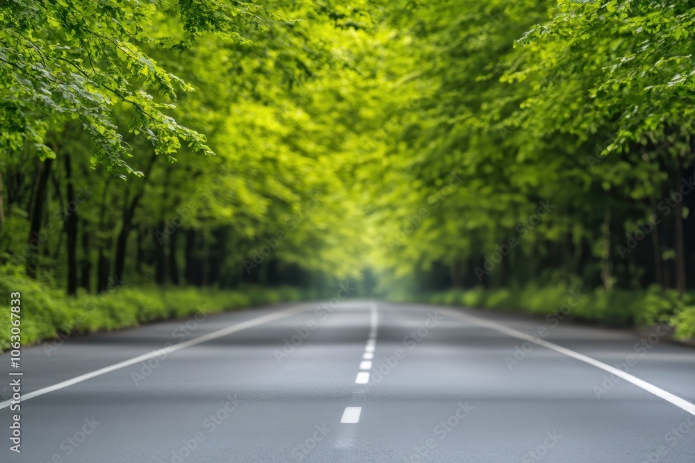 Empty road lined with vibrant green trees. Empty road lined with vibrant green trees.