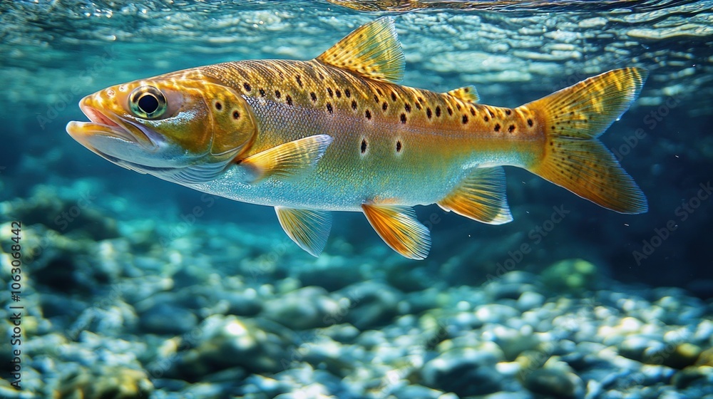 A vibrant trout swimming in clear water over a rocky bottom. A vibrant trout swimming in clear water over a rocky bottom.
