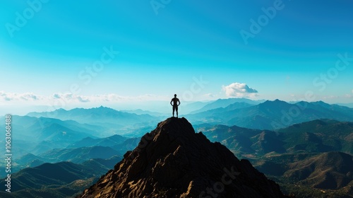 Person standing on a mountain summit, showcasing body transformation success