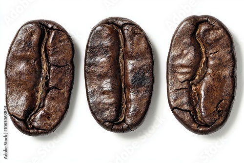 Three roasted coffee beans showcasing rich texture and detail isolated against a white background. Ideal for themes related to coffee, caffeine, and gourmet beverages. photo