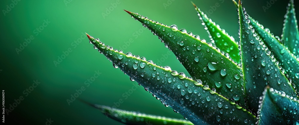 Close-up of dew drops on green succulent leaves.