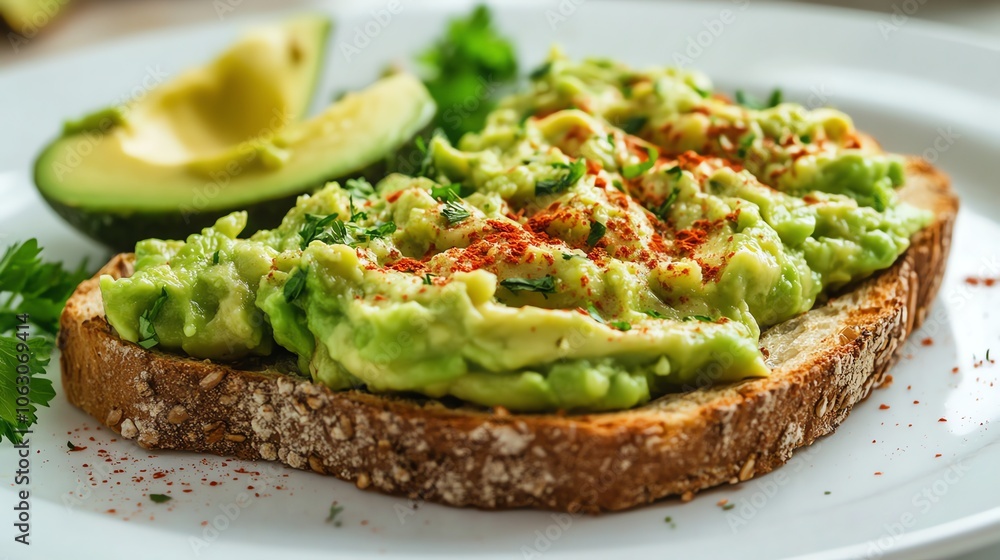 A slice of avocado toast with seasonings on a white plate. A slice of avocado toast with seasonings on a white plate.